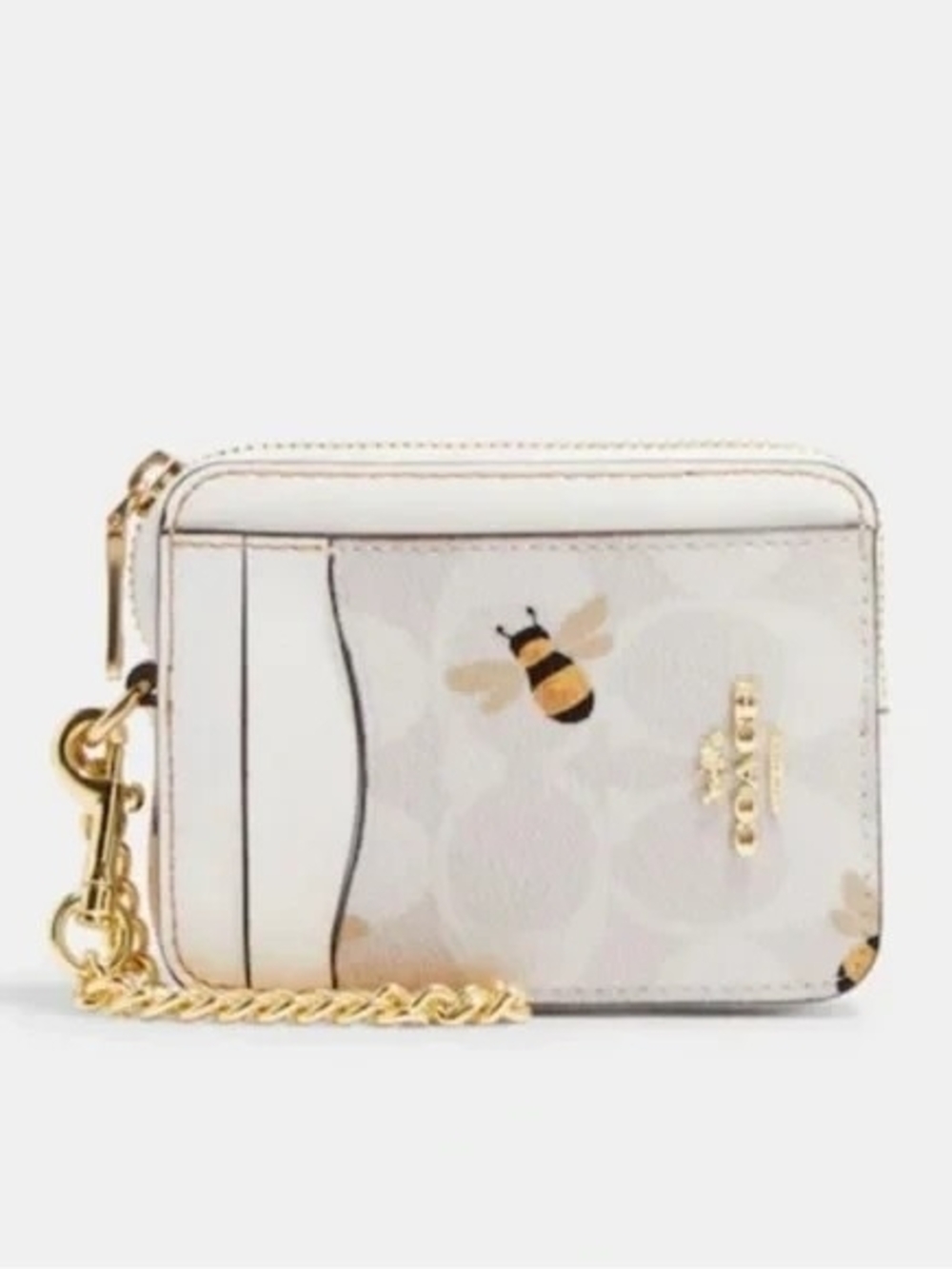 Coach Chalk Bee Print Card Case with Gold Chain
